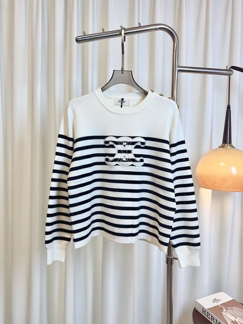 Celine High-quality Embroidered Arch Logo Stripe Wool Top