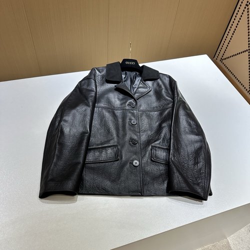 Gucci Black Genuine Leather Coat with Embroidered Collar and High - quality Hardware