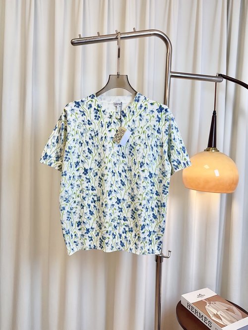 Loewe Custom Silk-cotton Short-sleeve Top with Floral Print and Logo, Refined
