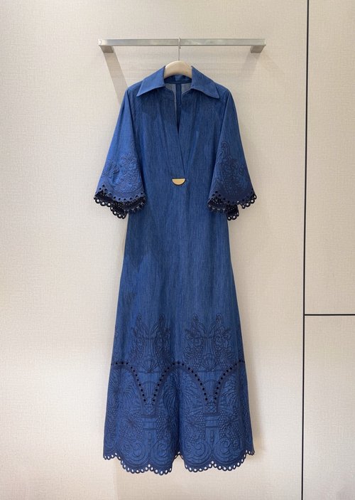 Zimmermann Embroidered and Lace-Trimmed Denim Dress with Gold Decorative Buttons