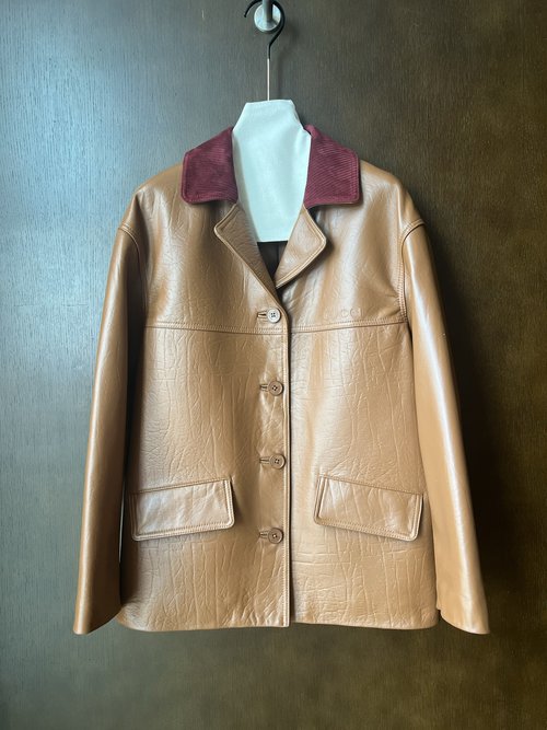 Gucci Genuine Leather Elegant Coat with Embroidered Collar and Custom Hardware