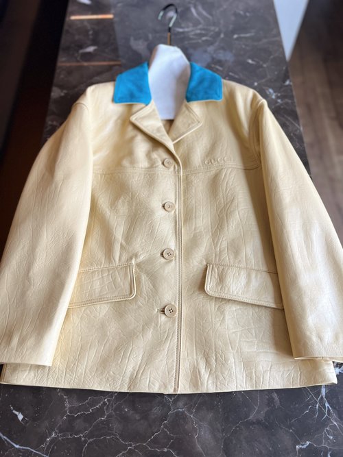 Gucci Genuine Leather Classic Coat with Embroidered Collar Details