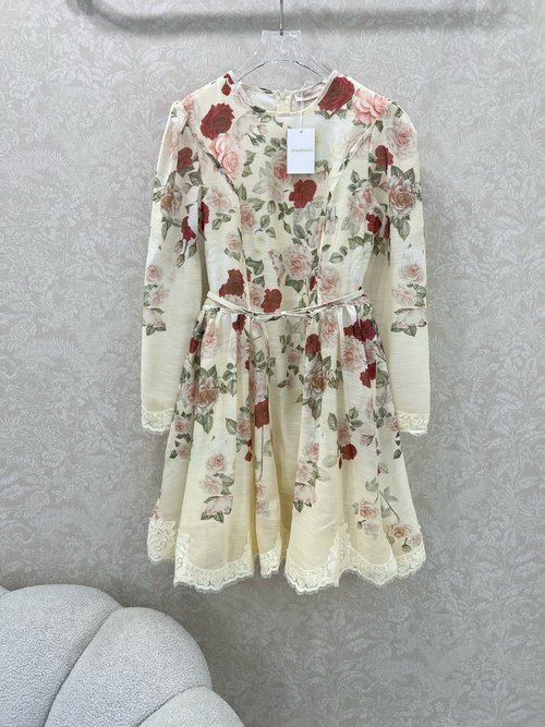 Loro Piana Rose - Printed Long - Sleeve Waist - Cinched Dress with Lace Trim