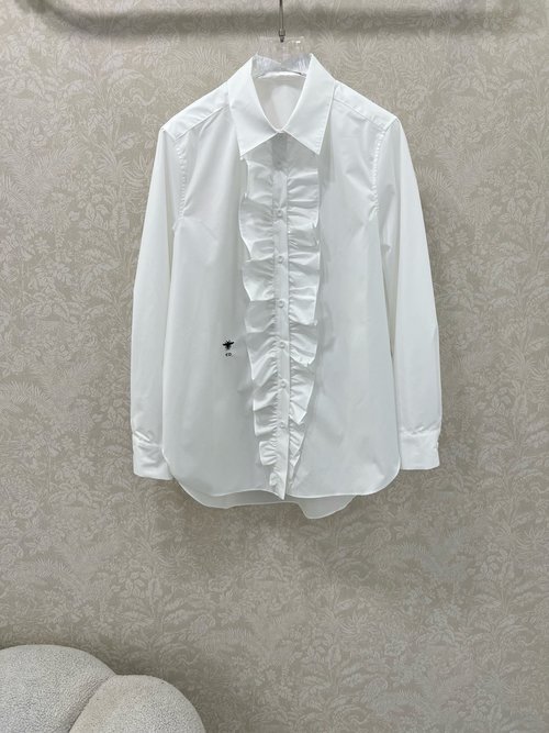Dior Ruffled Collar Shirt with Side Slit and Bee Embroidery