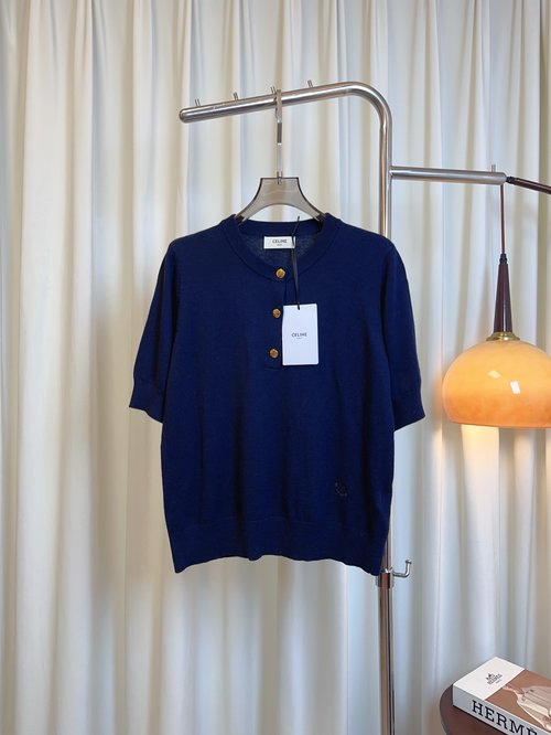 Celine Custom Knit Cashmere Top with Embroidered Arch Logo in Navy Blue