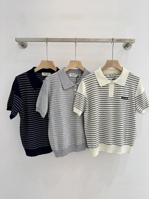 Miu Miu Breathable Striped Polo-Neck Short-Sleeved Knit Top