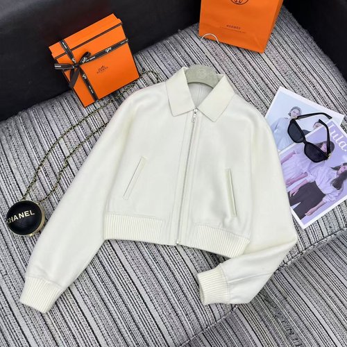 Hermes Early Autumn-Winter Double-Sided Cashmere Jacket with Leather Collar