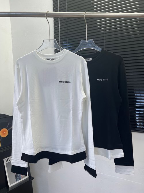 Miu Miu Cotton Stretch Long Sleeve with Embroidered Letters