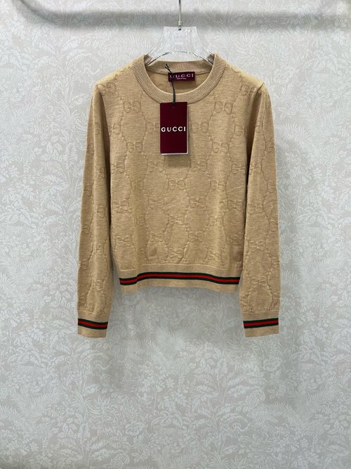 Gucci Round Neck Knit Pullover with Logo Jacquard and Red - Green Trim