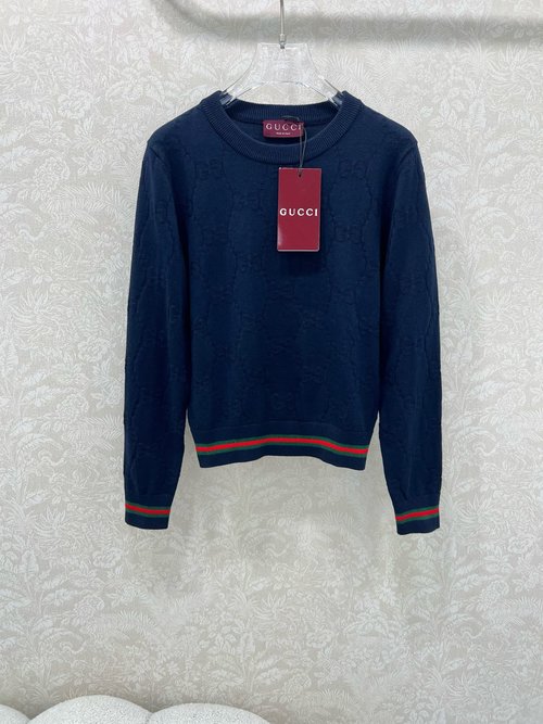 Gucci Round Neck Knit Pullover with Logo Jacquard and Red - Green Trim