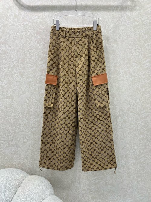 Gucci Double G Jacquard Waistband Wide-Leg Trousers with Washable Leather Accent