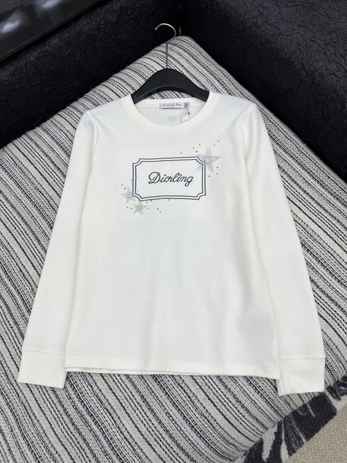 Dior Embroidered Letter Round-neck Long-sleeved T-shirt with a Relaxed Style