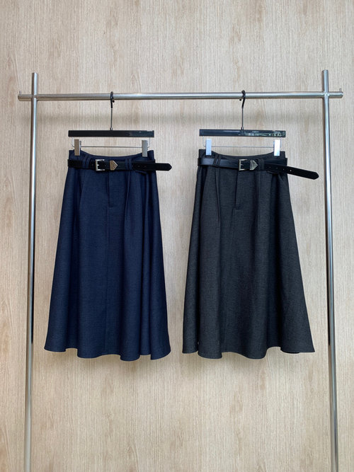 Prada Custom-Made Denim Skirt with Triangle Logo Belt, Stylish and Timeless