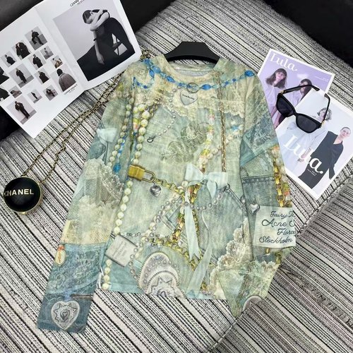 Acne Studios Printed Long Sleeve Mesh Round Neck Top