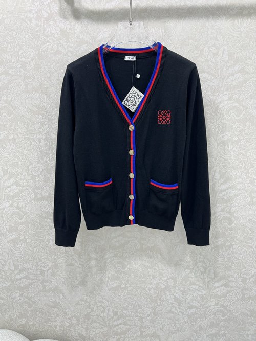 Loewe V Knit Cardigan with Logo Embroidery and Color Blocking Design