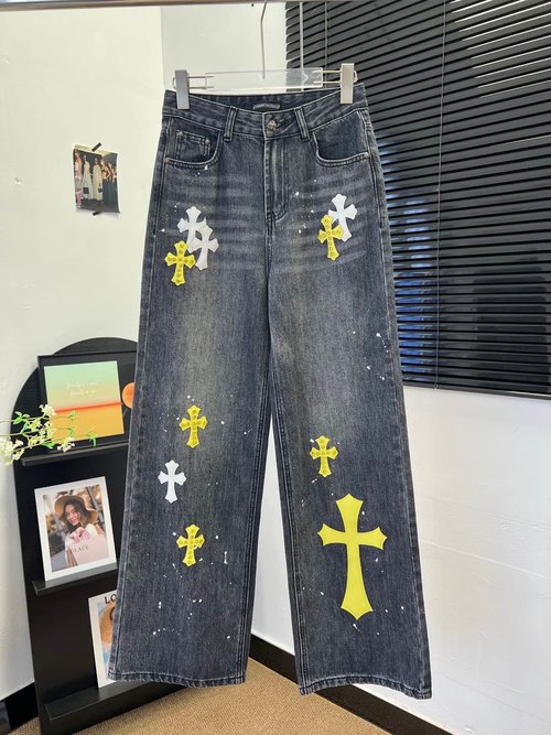 Chrome Hearts Cross Printed Leather Patch Trousers, Comfortable Fit