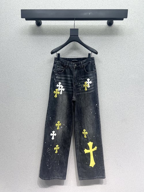 Chrome Hearts Heavy Studded Cross Embroidery Cotton Straight-Leg Jeans