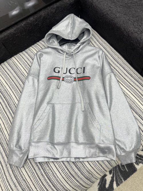 Gucci Classic Silver Printed Hooded Sweatshirt, Trendy and Comfortable