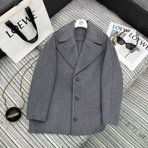 Loewe LOE Series Double-faced Wool Coat with Logo Leather Patch