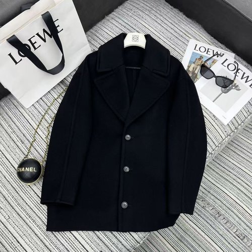 Loewe LOE Series Double-faced Wool Coat with Logo Leather Patch