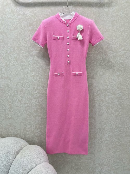 Self-Portrai Pink Wool - Blend Knit Dress with Custom Knit Brooch for an Elegant and Slimming Look