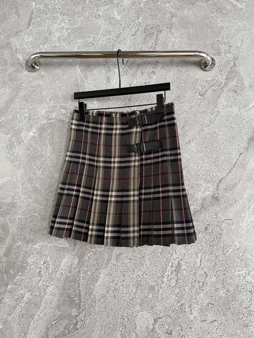 Burberry Customized Wales Checker Pattern Wool Pleated Skirt with Leather Buckle