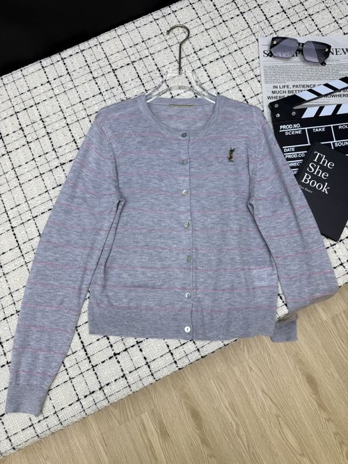 Yves Saint Laurent Timeless YSL Brooch Striped Knitted Sweater