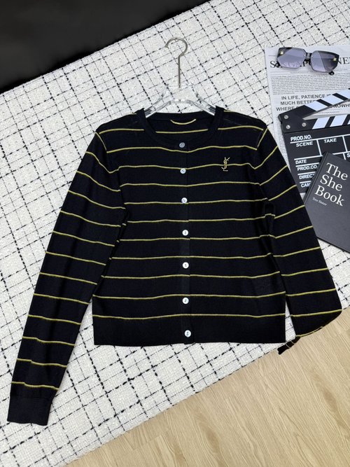 Yves Saint Laurent Elegant YSL Brooch Striped Open Front Cardigan