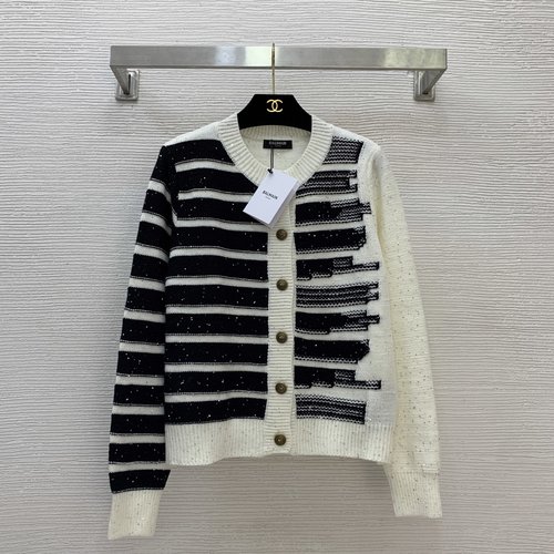 Balmain Customized Sequined Wool Blend Knit Cardigan, Off - white