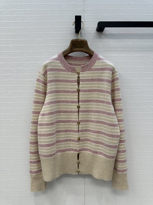 Loro Piana High - End Striped Knit Cashmere Cardigan with Vintage Metal Buttons for a Refined Style