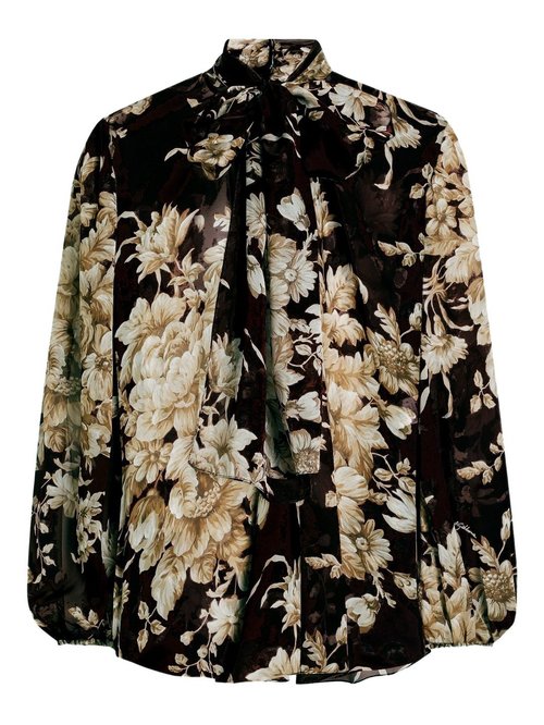 Dolce & Gabbana Black Background Apricot Rose Silk Chiffon Loose-Fit Shirt