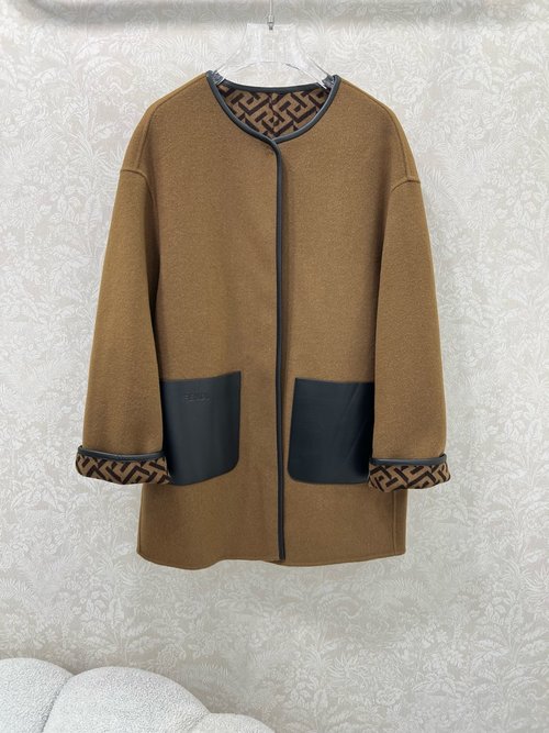 Fendi Reversible Wool Coat with Double-Sided Logo Print and Leather Pockets