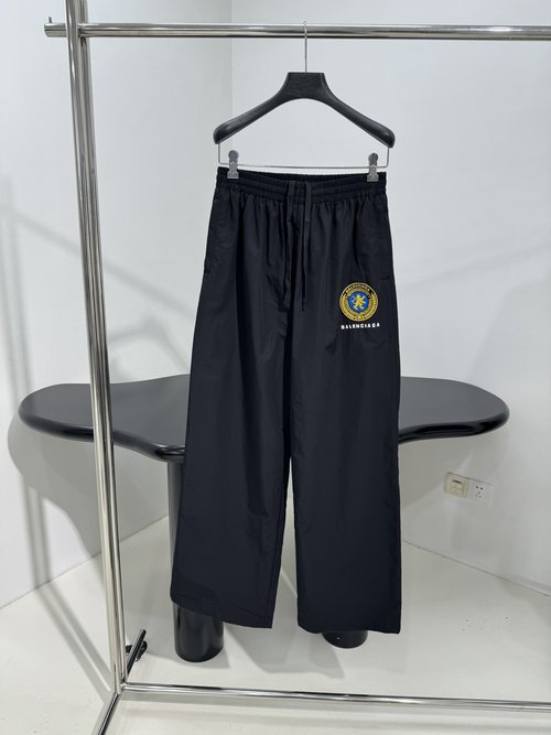 Balenciaga Exclusive Custom Black Tech Fabric Tracksuit Pants with Artistic Embroidery