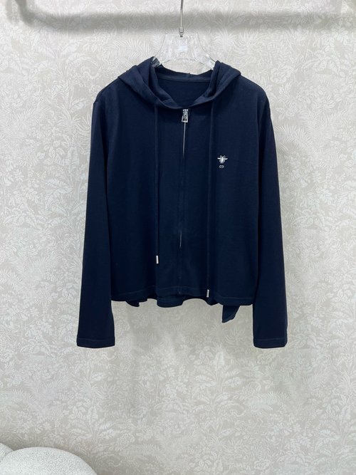 Dior Hooded Knit Cardigan with Bee Embroidery, Soft and Comfortable