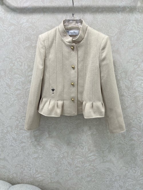 Dior Stand-Collar Buttoned Jacket with Pearl Buttons and Ruffled Hem, Vintage Style