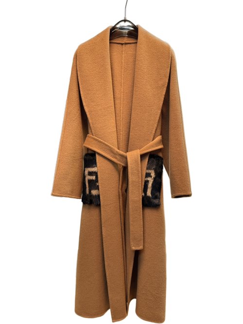 Fendi Long-length Mink Pocket Coat in Camel, 90% Wool 10% Cashmere