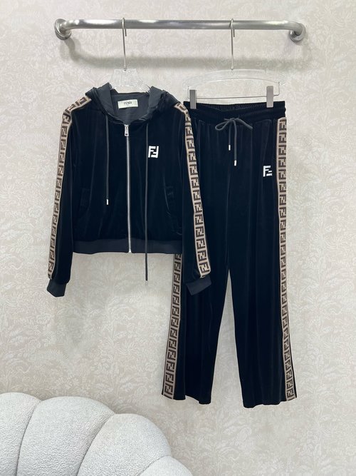 Fendi Velvet Tracksuit with Double F Ribbon, Elegant and Comfortable