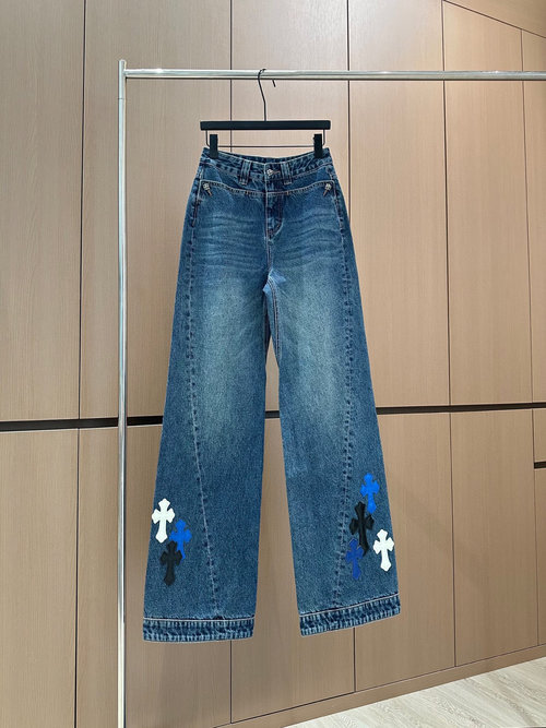 Chrome Hearts Original Quality Color-Blocked Patchwork Blue Jeans Suitable for Any Situation