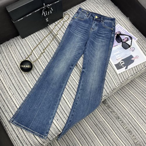 Yves Saint Laurent Flared Denim Trousers with Logo Embroidery Decoration