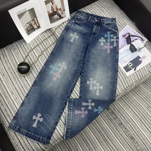 Chrome Hearts Early Autumn Rhinestone Cross Denim Straight-Leg Pants