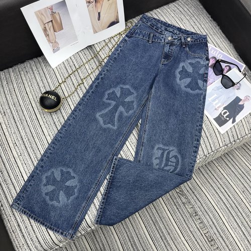 Chrome Hearts Denim Straight Pants with Logo Cross Print and Premium Wash