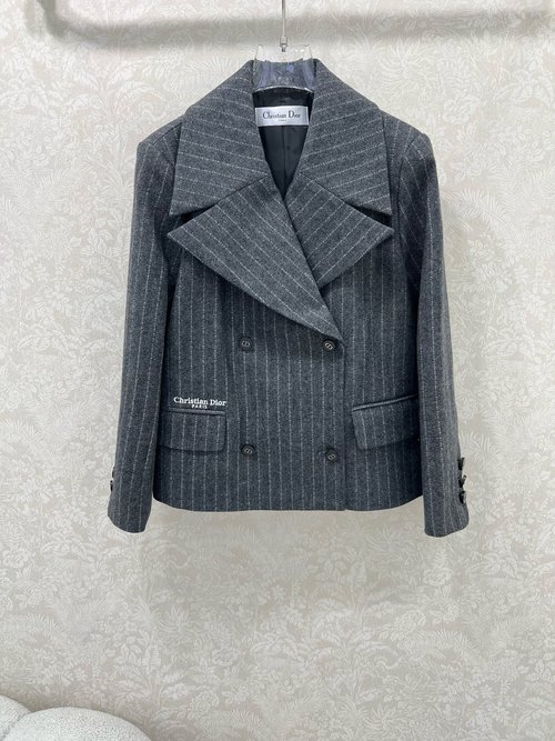 Dior Double-Breasted Woolen Jacket, Striped, Logo Embroidery