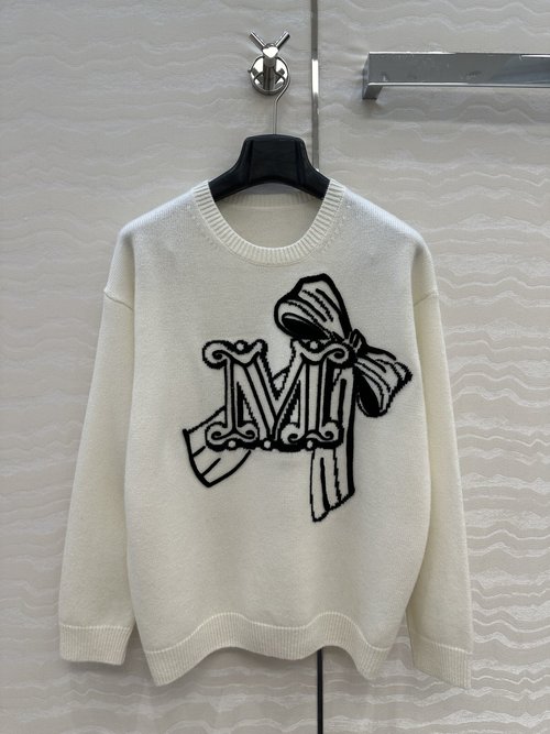 Max Mara Exclusive High-end White Cashmere Sweater with Embroidered Logo