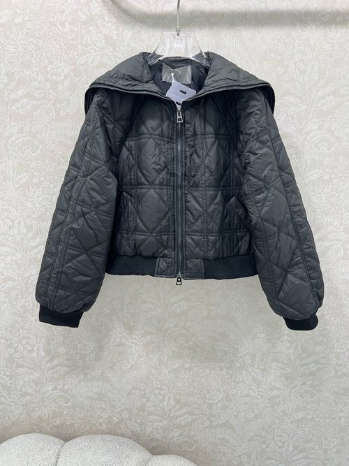 Dior Rattan Checkerboard Navy Collared Quilted Coat with Bee Embroidery