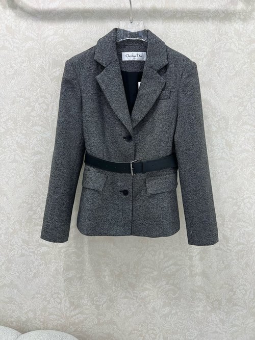 Dior Silk - Lined Woolen Suit Jacket with Detachable Shawl and Leather Belt