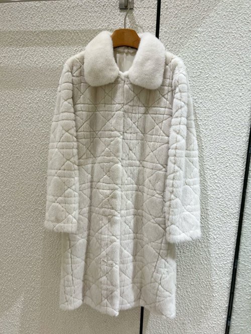 Dior Classic Wicker Pattern Mink Fur Long Coat with CD - style Embroidery