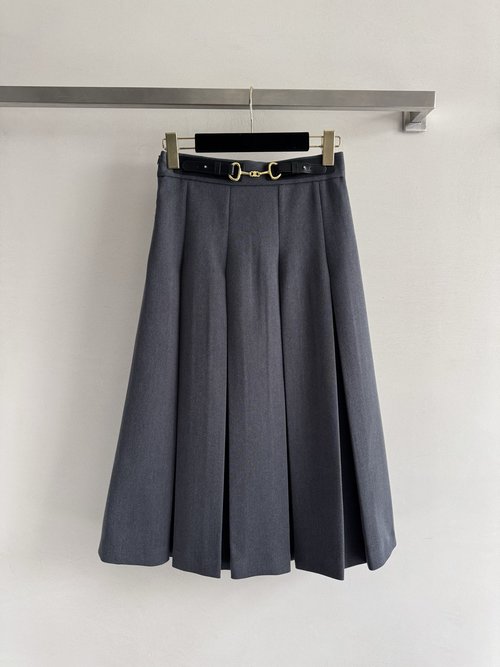 Celine High-Waisted Pleated A-Line Skirt with Logo Belt