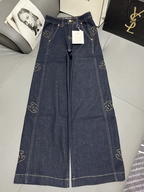 Chanel Side Logo Embroidery Spliced Elastic Straight Jeans