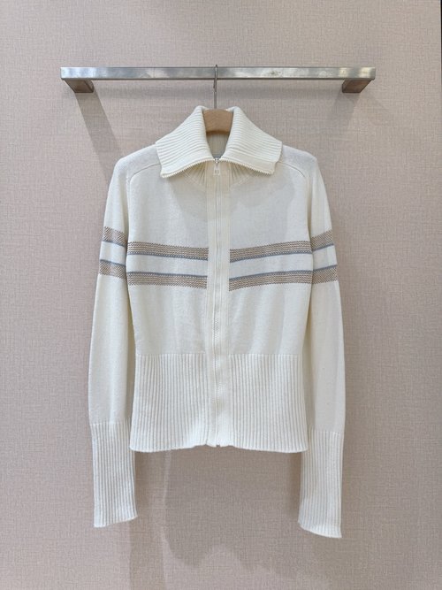 Dior High Neck Zipper Long Sleeve Sweater with Striped Design