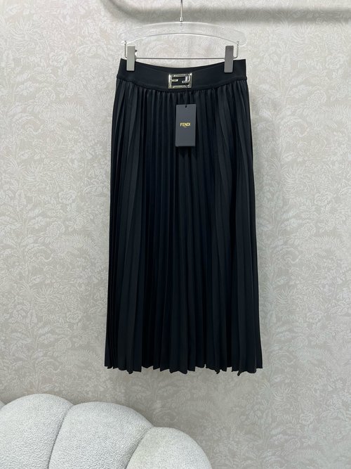 Fendi Solid Color Pleated Skirt with Double F Metal Ornament on Waistband